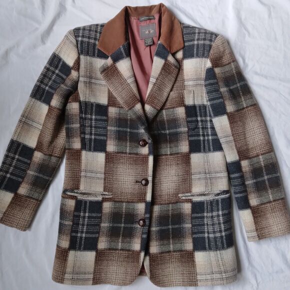 Vintage New York Style Wool Blend Patchwork Plaid Blazer Jacket Womens Small - Picture 2 of 12